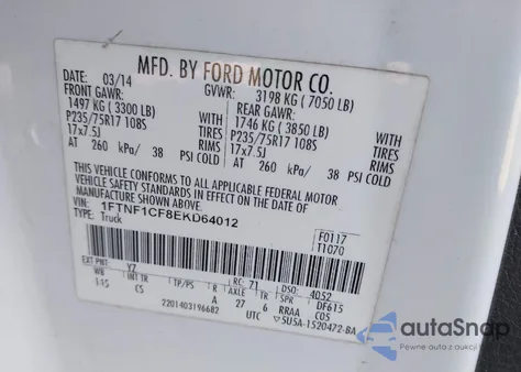 2014 Ford F-150 Xl z USA, uszkodzony, nr VIN 1FTNF1CF8EKD64012